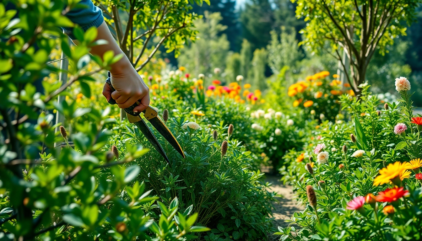 Snoeiseizoen: een tuinierend persoon snoeit planten met precisie en zorg.