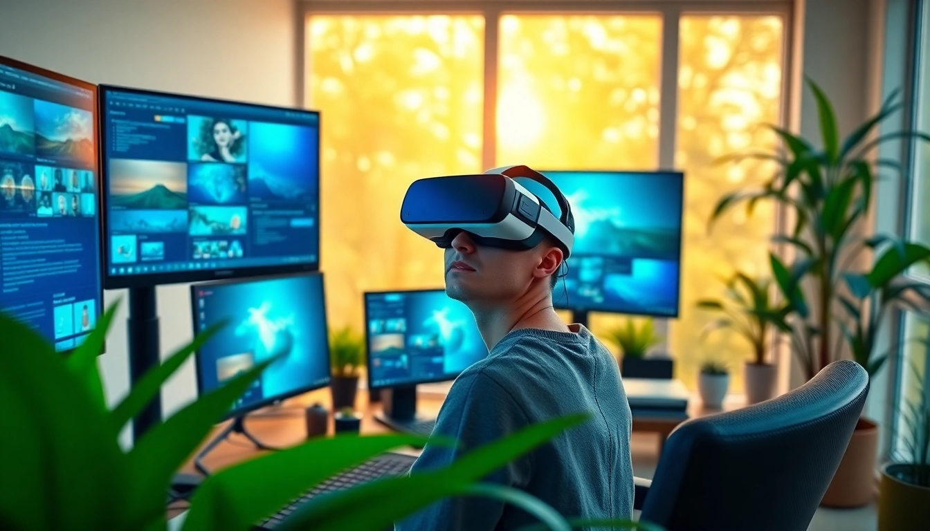 Engaging user experiencing a virtual desktop in a modern workspace with immersive VR technology.