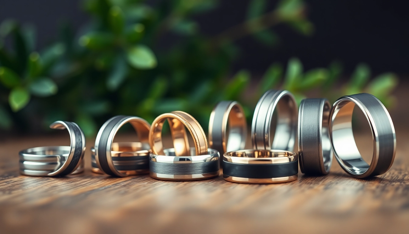 Showcase of wedding bands for men highlighting various styles and finishes on a wooden surface.