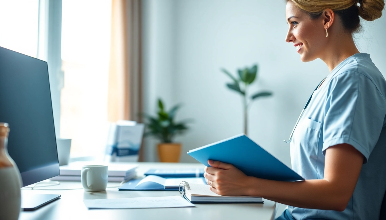 Complete nursing ceus online with a nurse studying in a bright and modern home office.