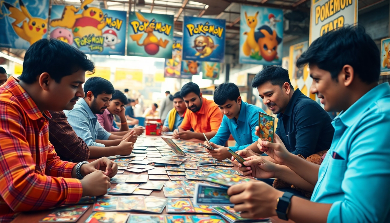 Engaged players enjoying Pokémon TCG in India, showcasing colorful cards and vibrant atmosphere.