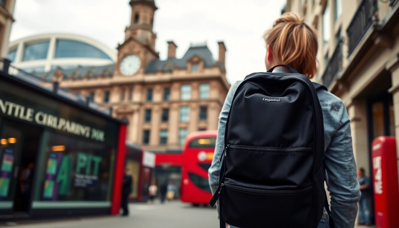 Showcasing the London Backpack brand in an urban setting with vibrant energy.