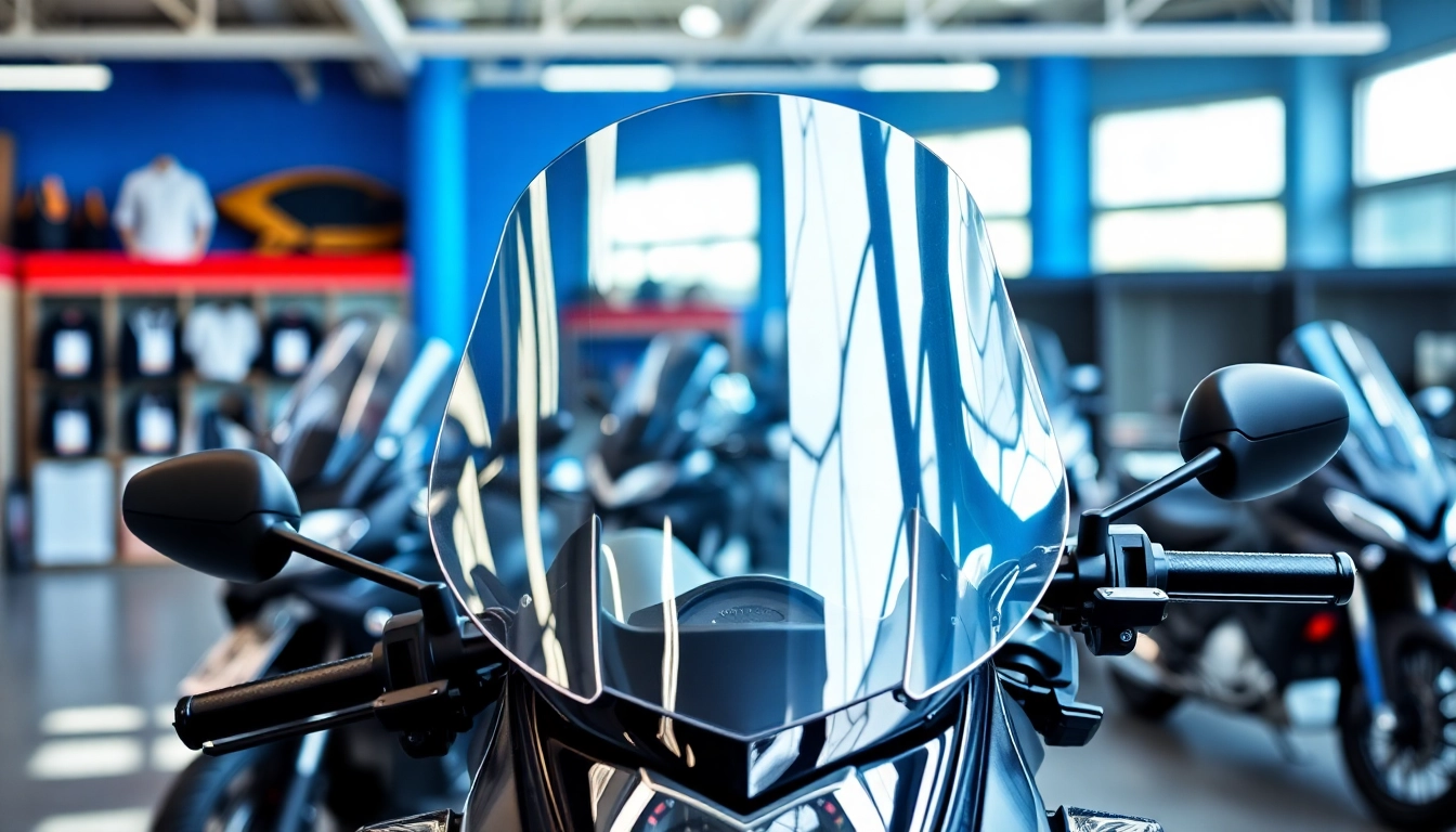 Showcase motorcycle windshields emphasizing design and quality in a vibrant showroom.