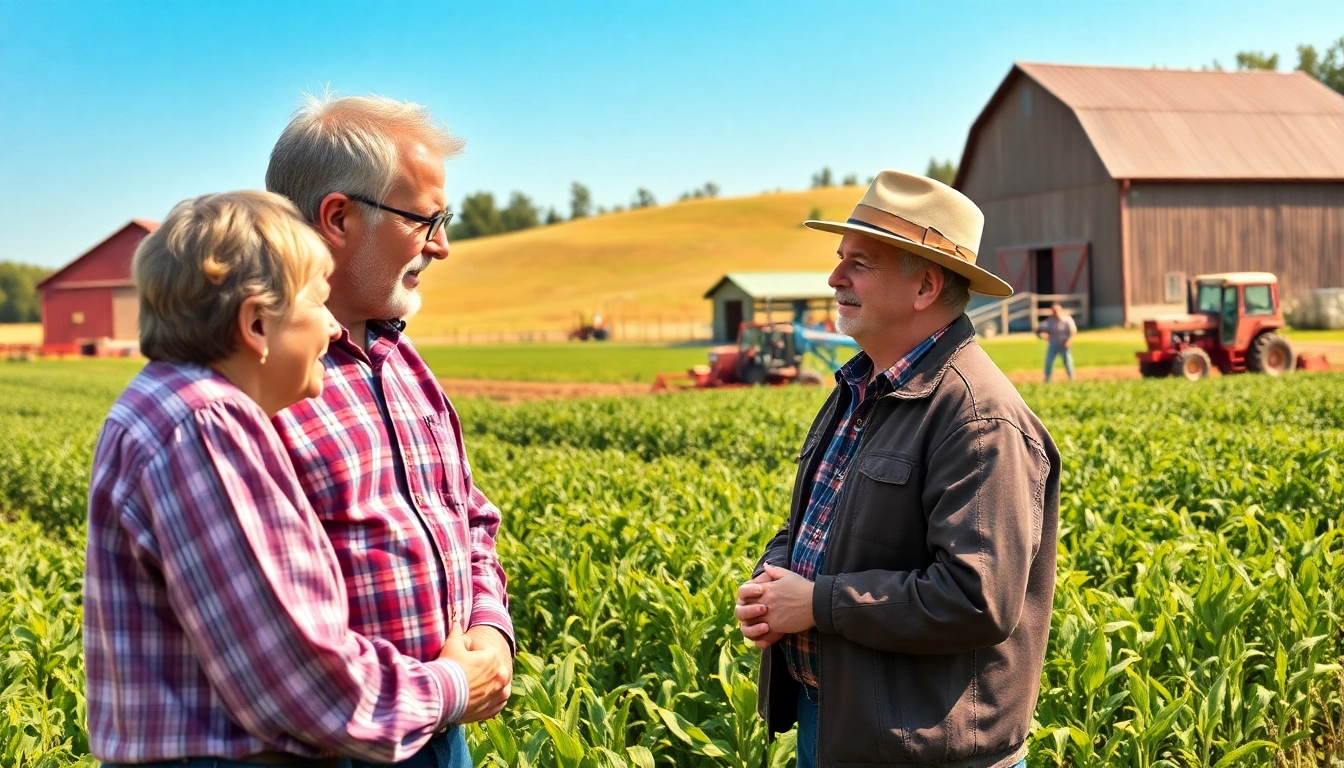 Agricultural law consultation between a lawyer and farmers in a rural setting.