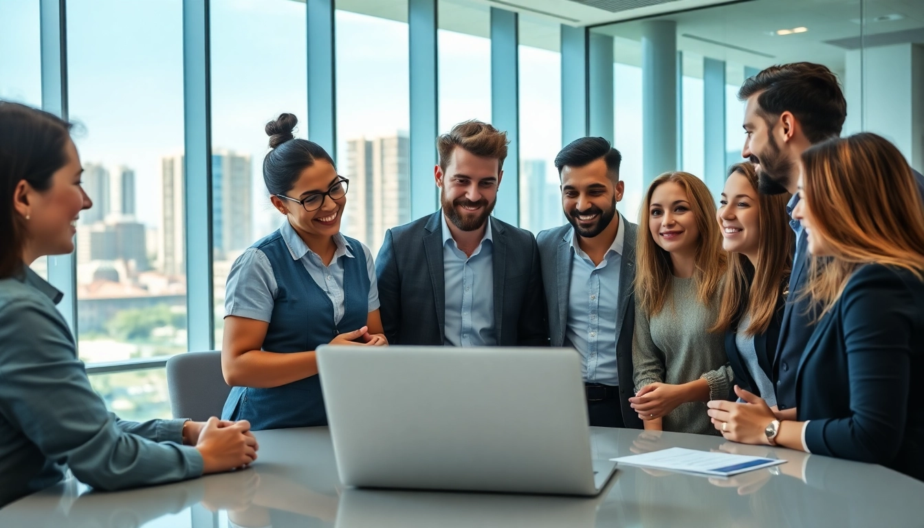 Showcase a diverse team utilizing a global business directory in a modern office environment.