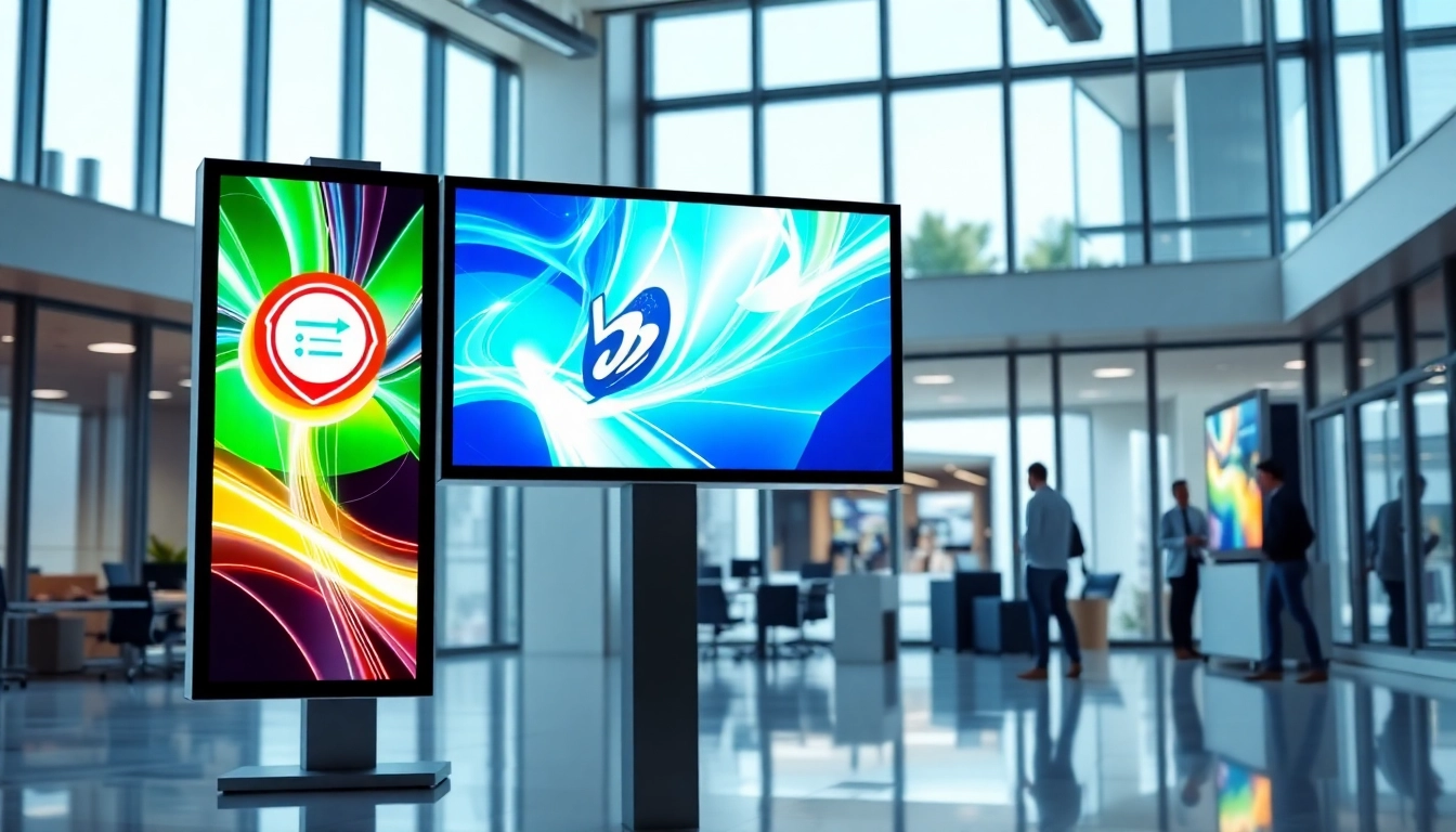Engaging digital signage showcasing vibrant advertisements in a modern business workspace.