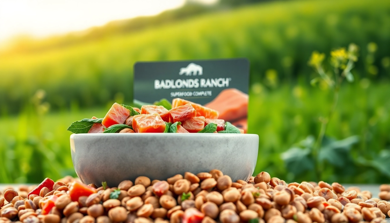 Showcasing badlands ranch superfood complete in a vibrant packaging with fresh ingredients.
