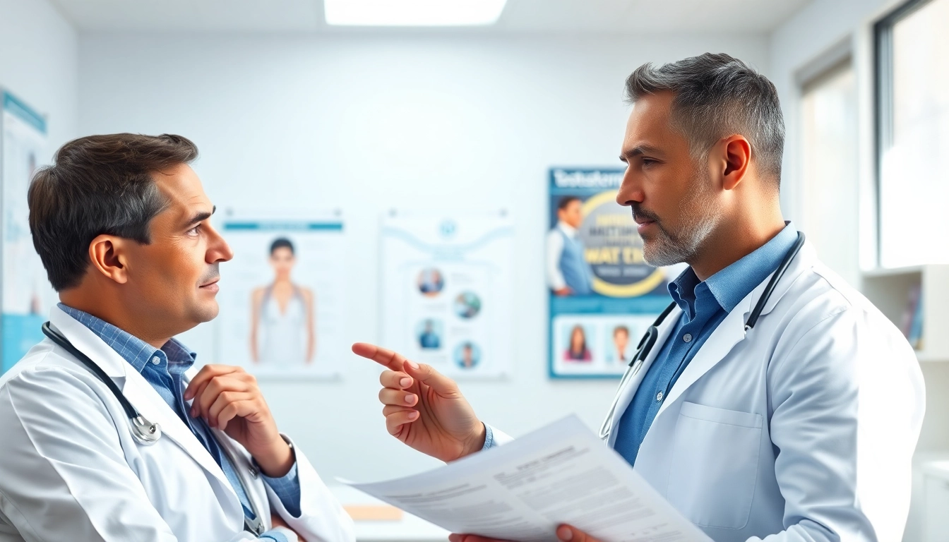 Engaging discussion about Testosterone Replacement Therapy between a doctor and patient in a modern clinic.
