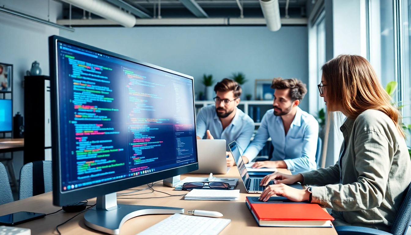 Developers collaborating on web development projects in a modern office environment