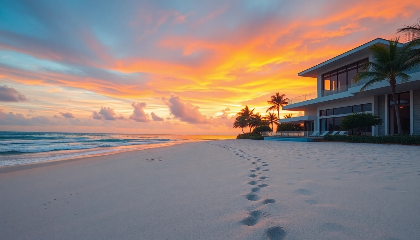Beautiful beachfront villa depicting Belize Property For Sale at sunset by the ocean