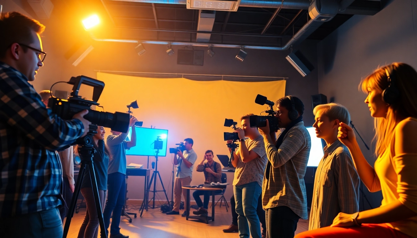 Innovative 영상업체 setting showcasing diverse filmmakers collaborating in a bright studio environment.