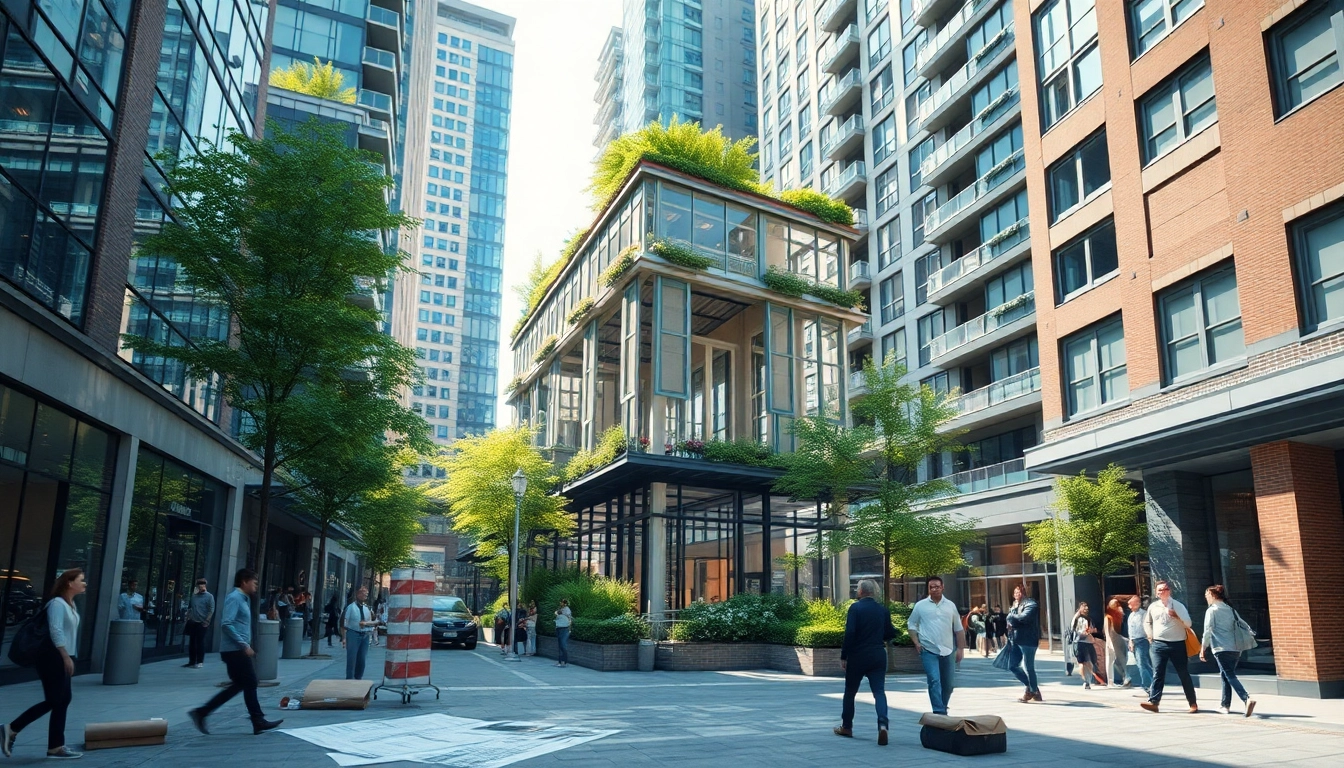 Visualisierung Architektur einer modernen Stadt mit lebhaften Umgebungen und detaillierten Gebäuden.