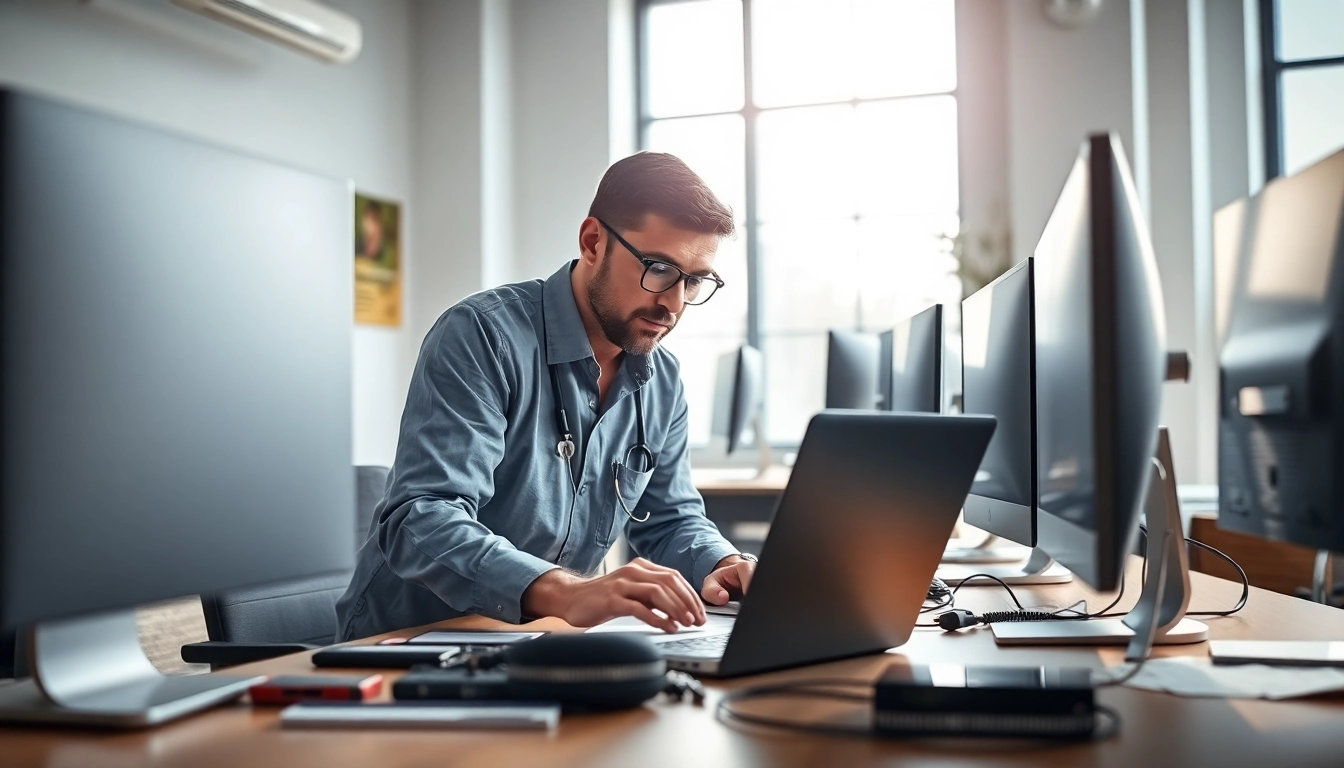 Get professional computer help from a technician working on a laptop in a modern office.