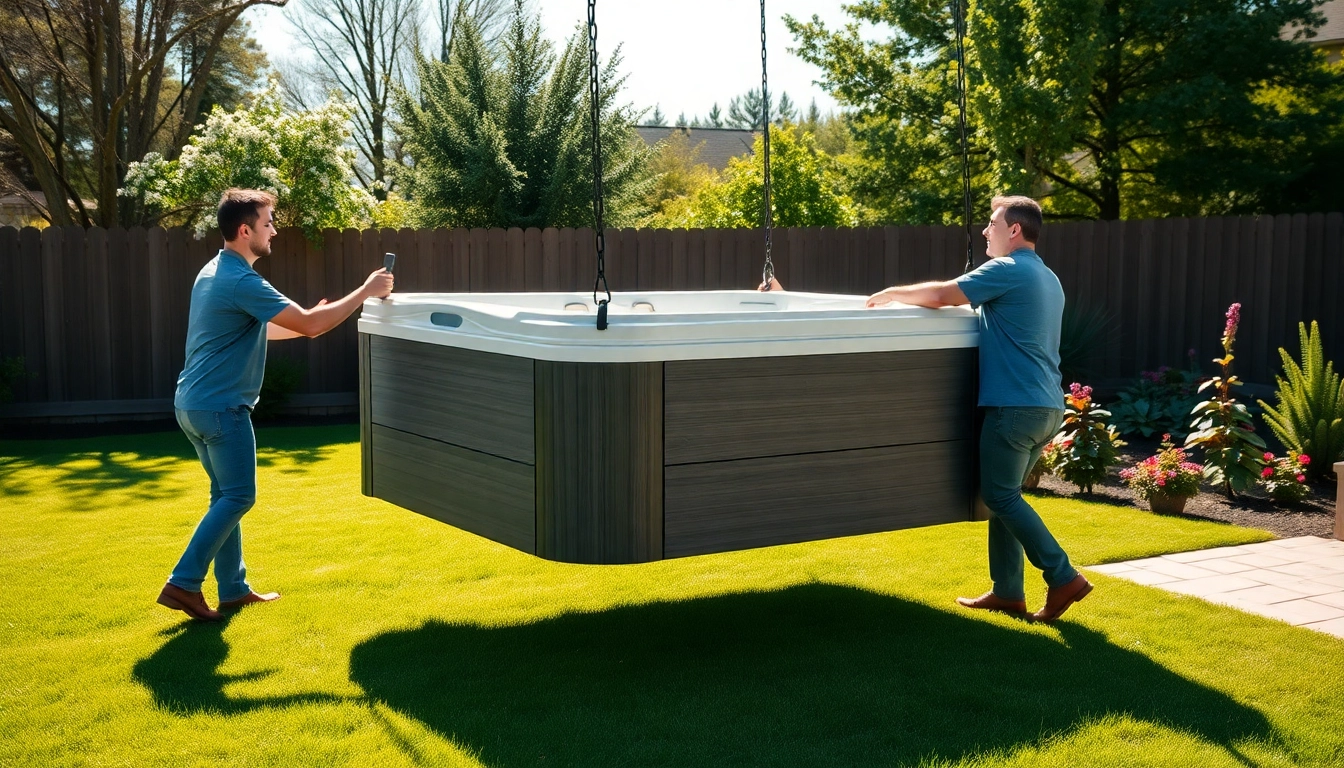 Hot Tub Movers safely lifting and transporting a large spa in a beautiful suburban garden.
