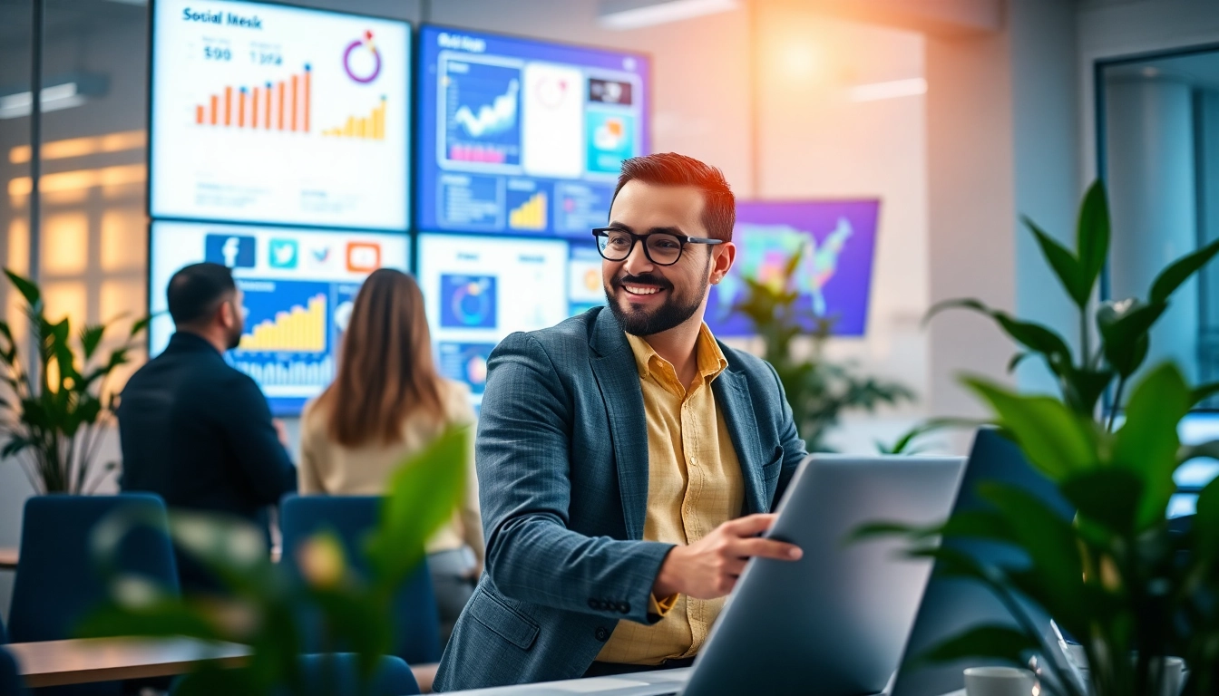 Enhance social media marketing edmonton strategy with engaged professionals collaborating in a vibrant office.
