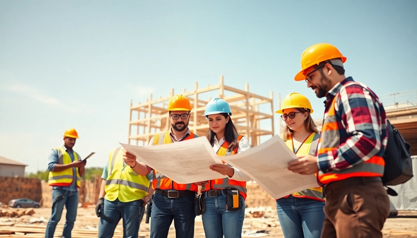 Engaged professionals in diverse careers in construction collaborate on a vibrant job site.