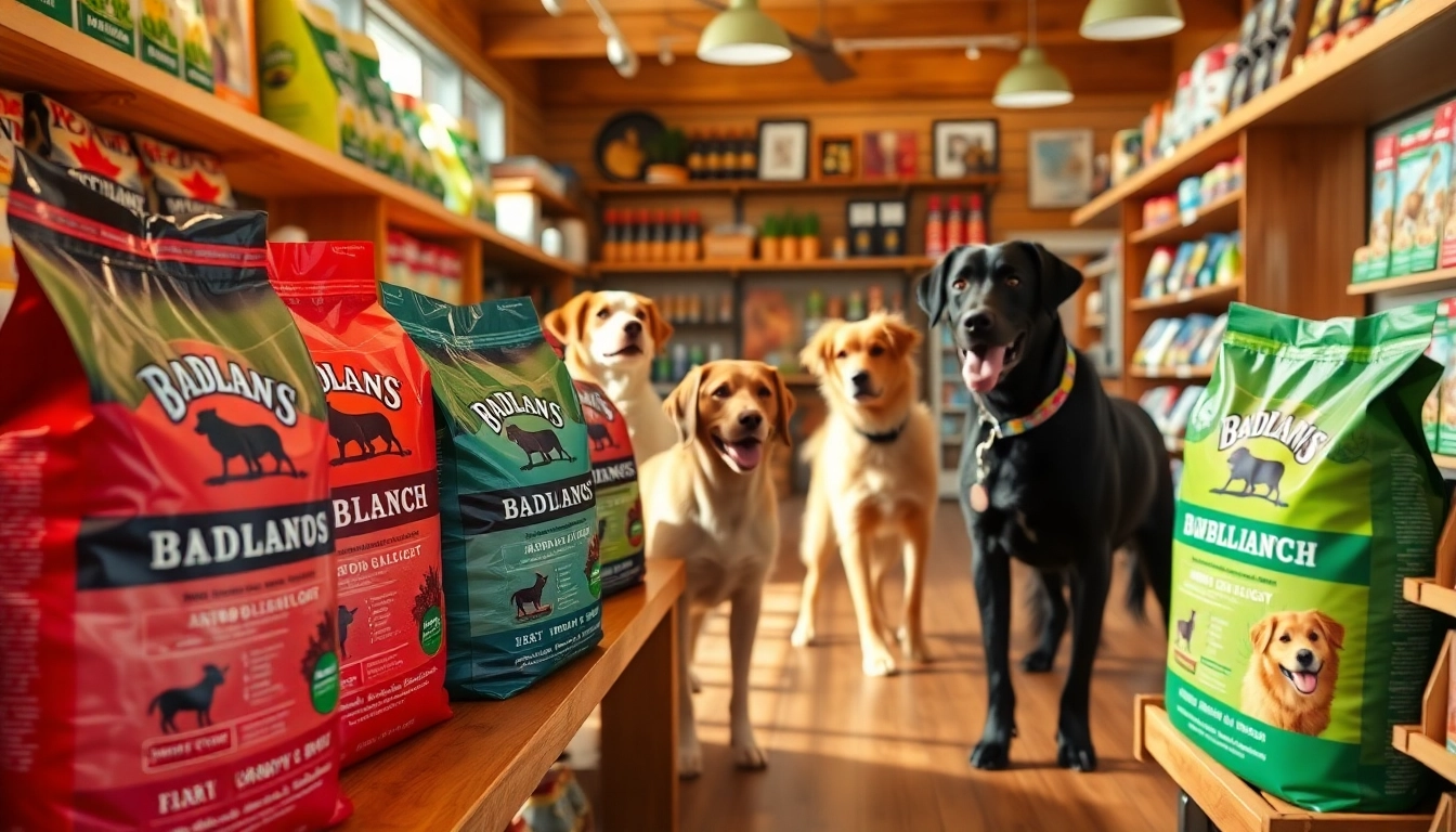 Pet supply store featuring Badlands Ranch dog food Canada with energetic dogs playing.