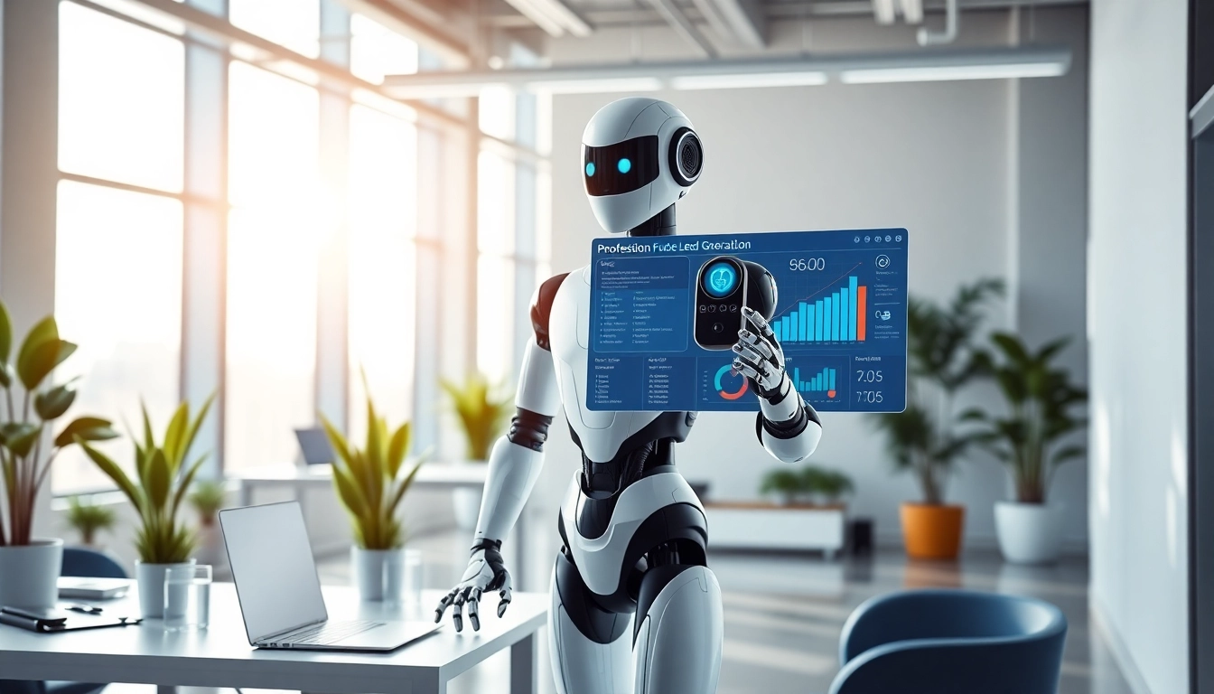AI agent for lead generation interacting with digital interfaces in a modern office.