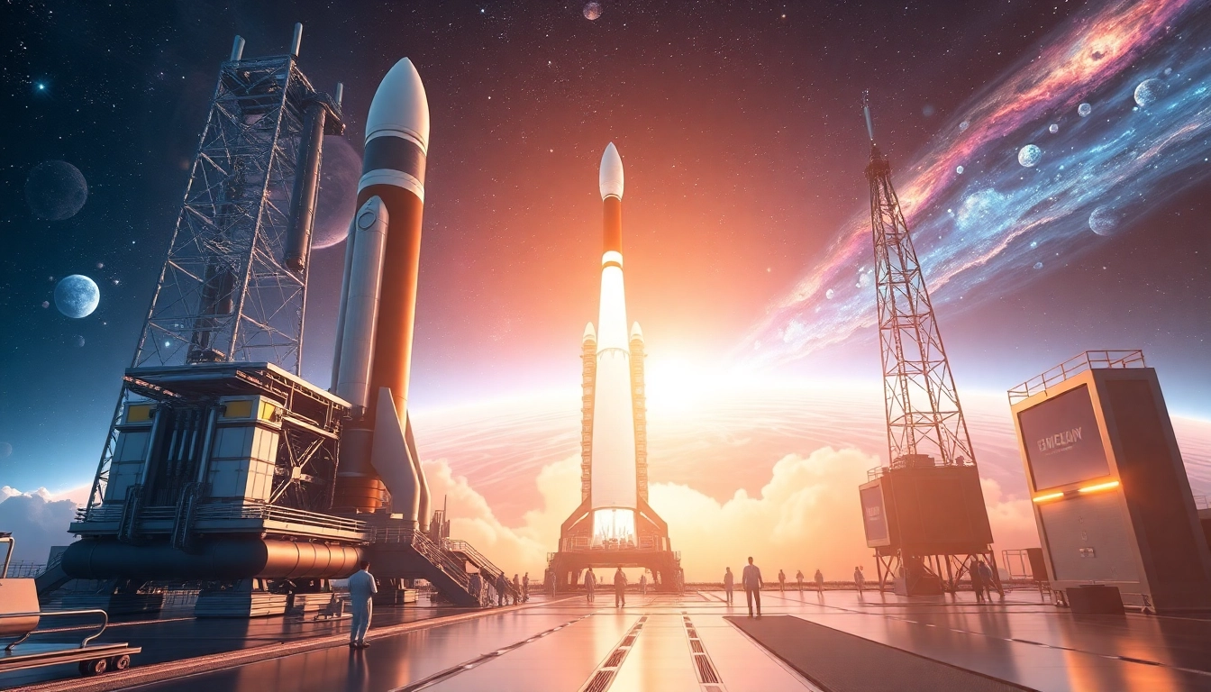 Visualize the revenue rocket lab with a prominent rocket and modern technology, showcasing innovation in aerospace.