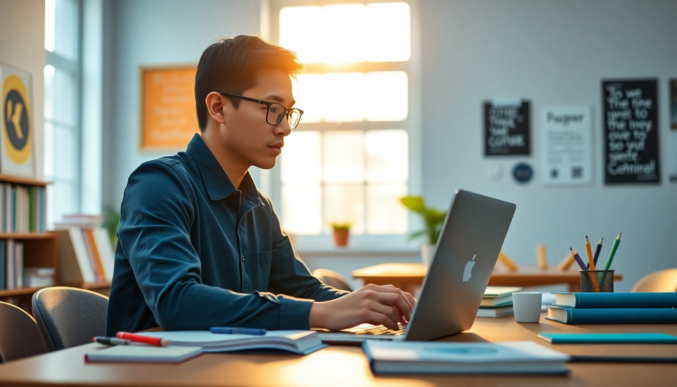 International student focused on studies in a vibrant academic setting with books and laptop.