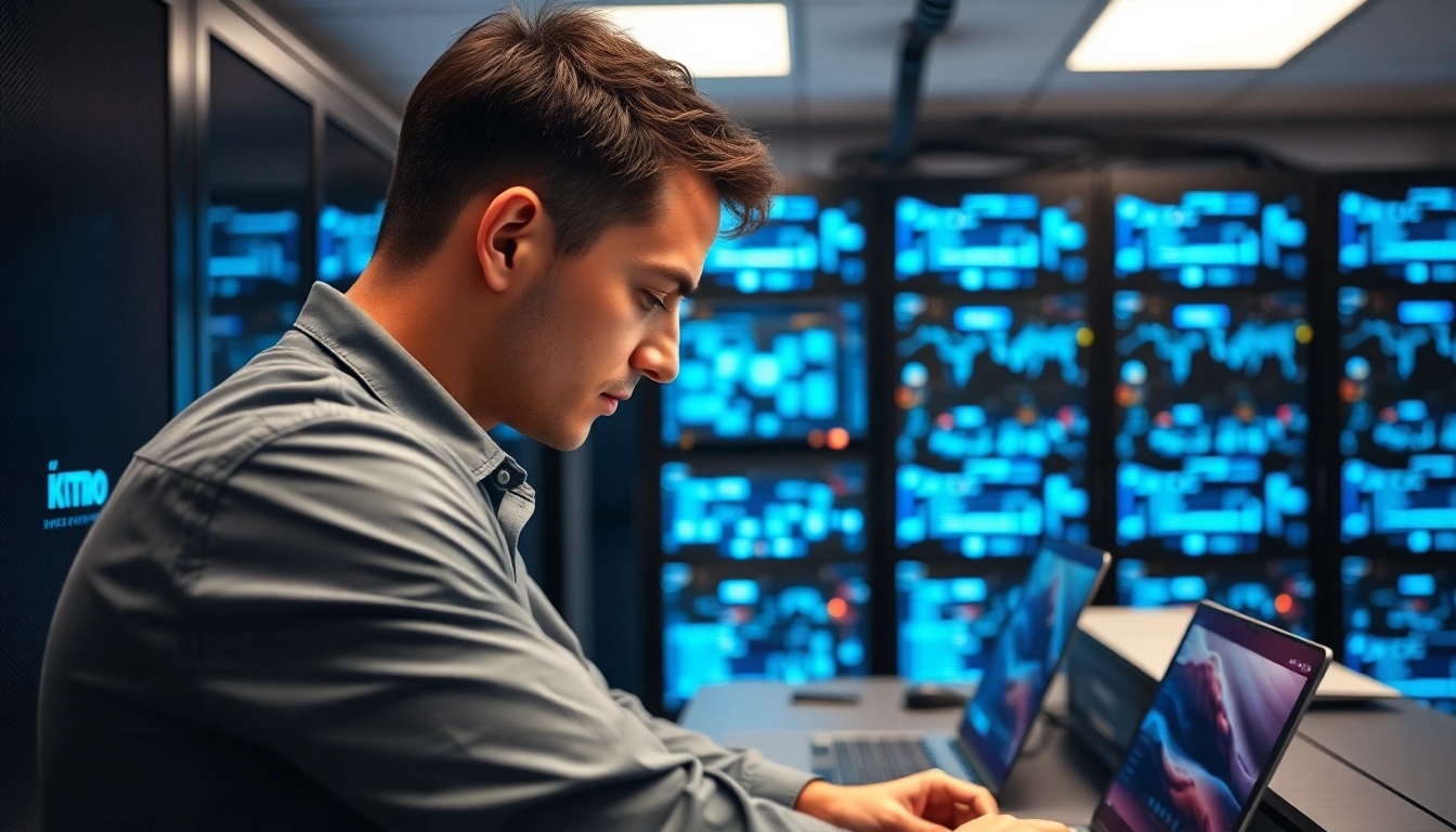 Professioneel beheer van IT-systemen benadrukt met een technicus in actie.