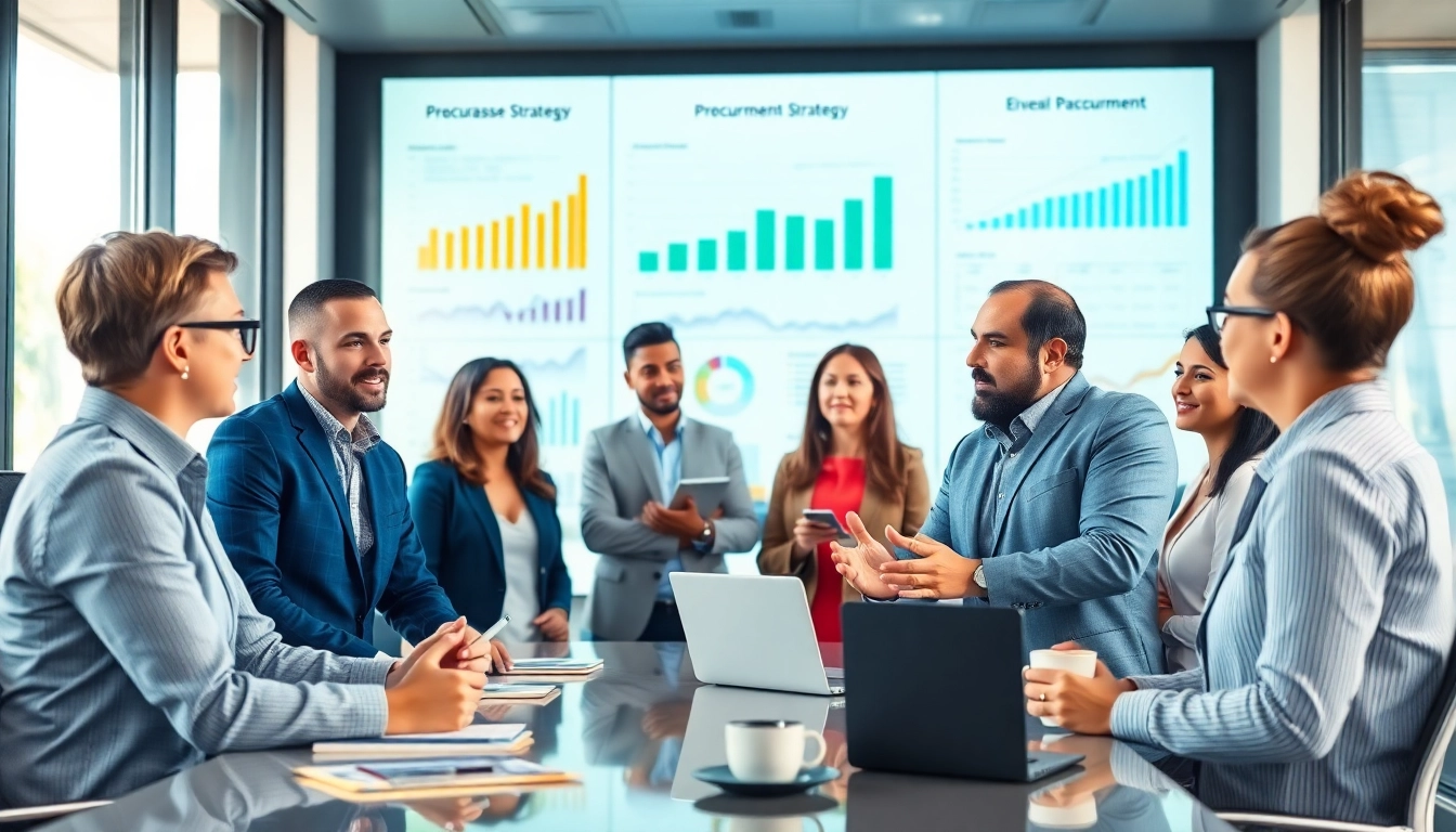 Engaging purchasing consultant guiding a team in a modern office setting.