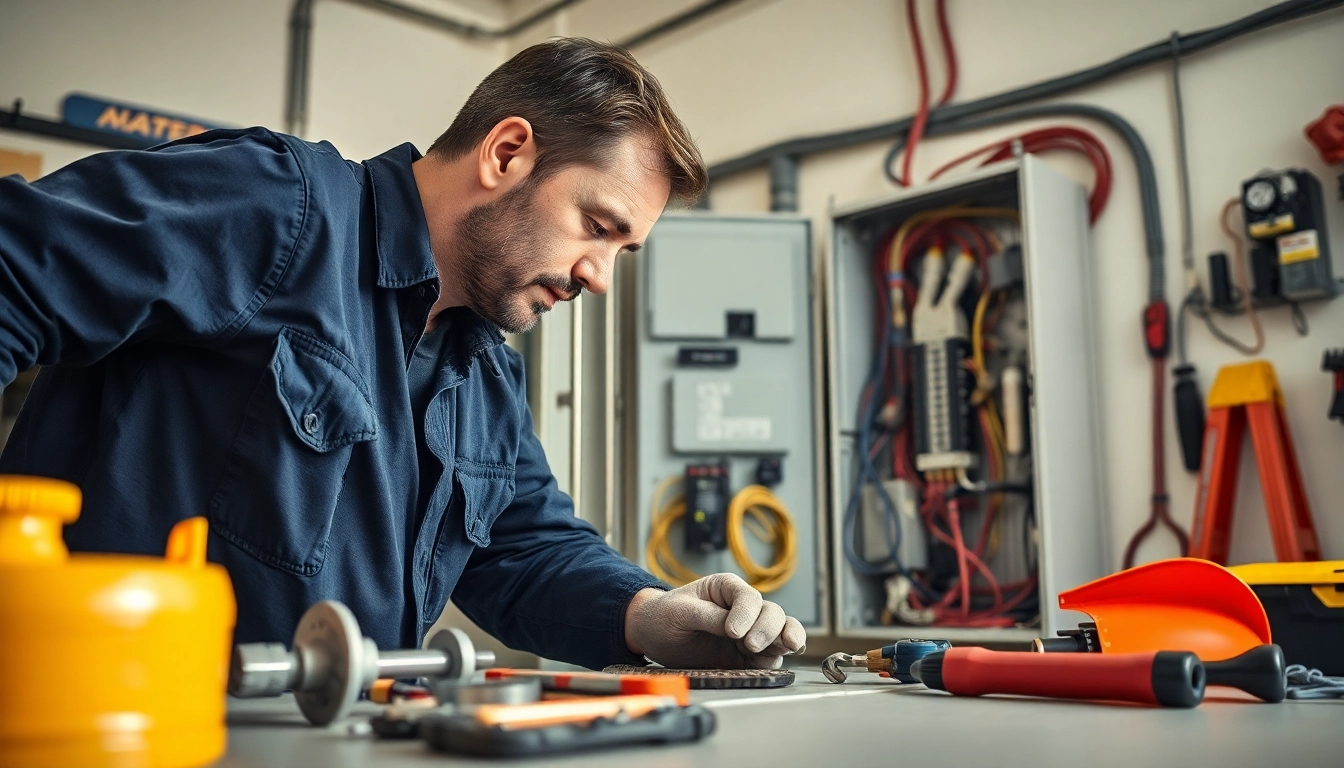 Electrician performing an Electrical Panel Upgrade in a bright workshop with tools and safety equipment.