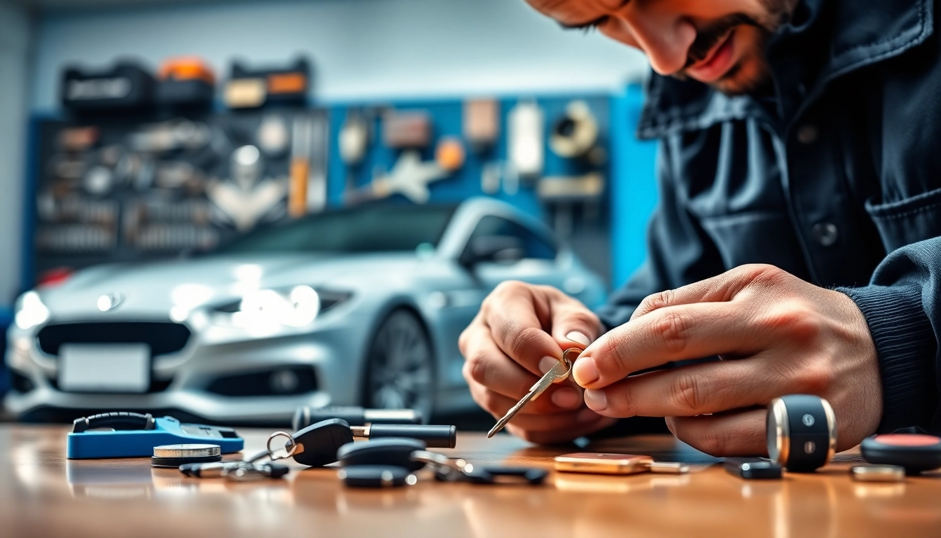 Locksmith replacing Lost Car Keys with precision in a professional garage setting.