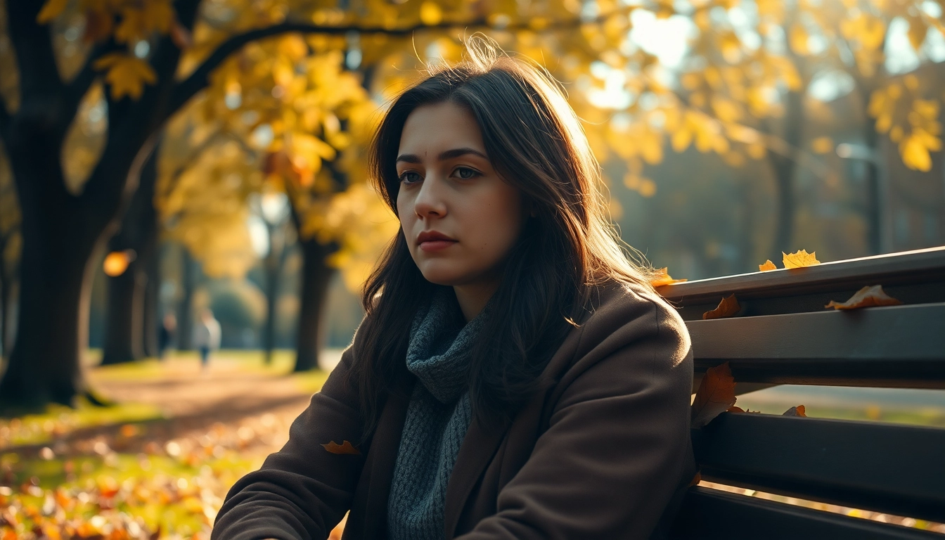Capturing a moment of dealing with grief, a person reflects in a serene park, surrounded by autumn leaves.