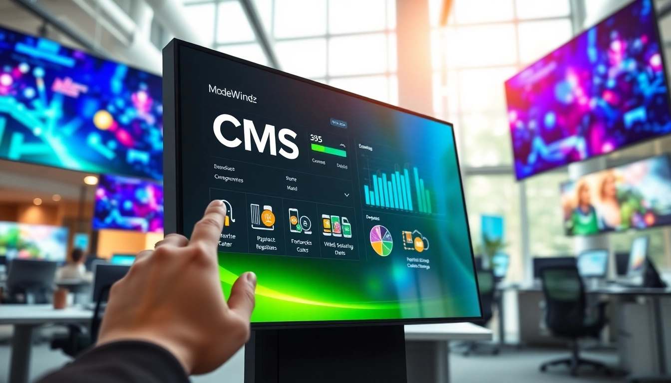 Engage with a dynamic digital signage CMS showcasing vibrant displays in a modern office.