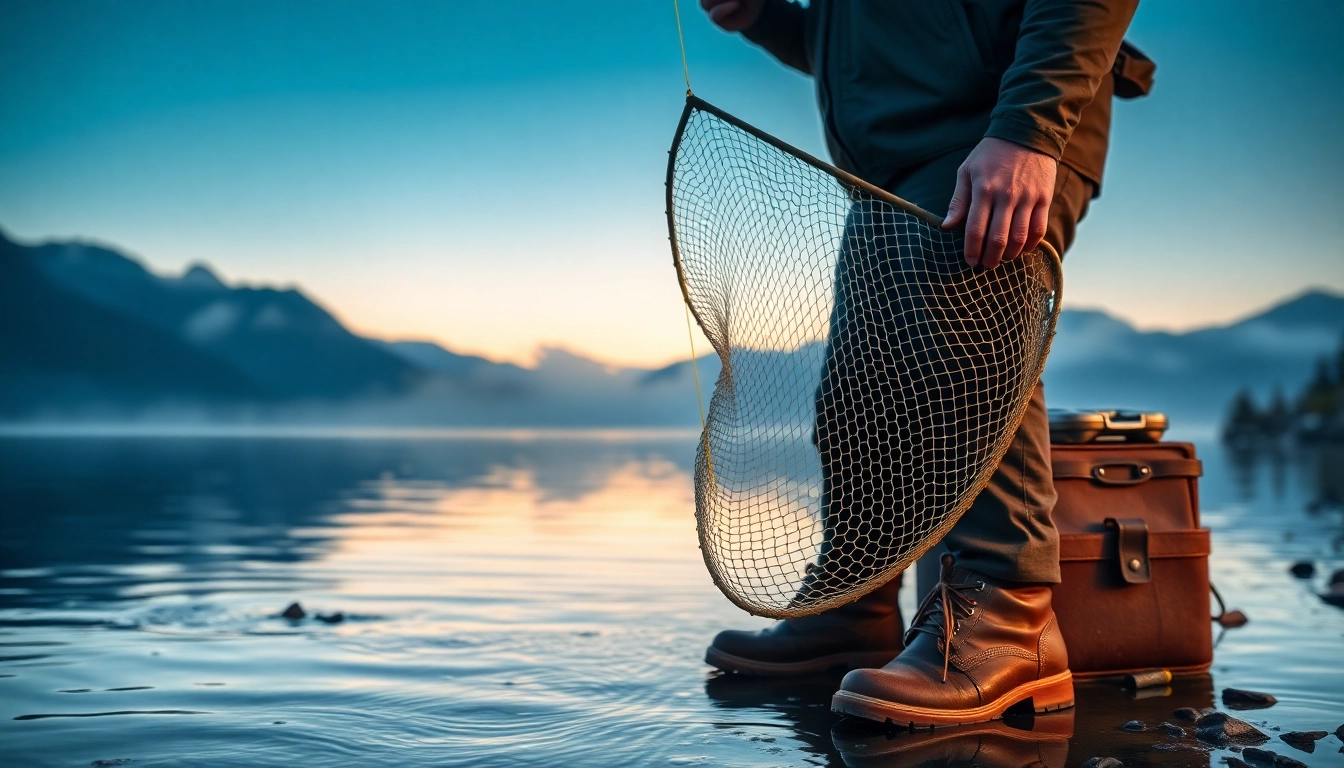 Angler skillfully using a fly fishing net on a tranquil lake at sunrise with misty mountains.