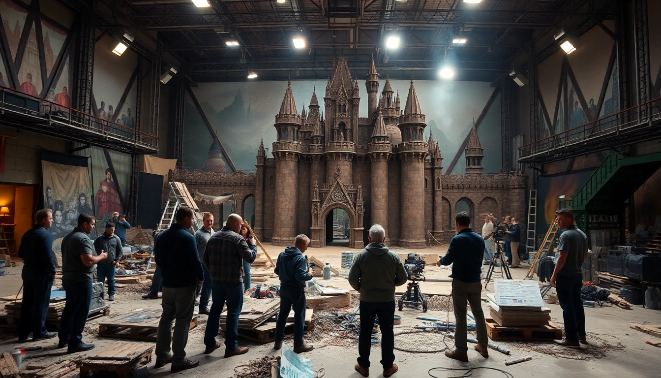 Creating movie sets in a vibrant studio with detailed architecture and energetic crew members.