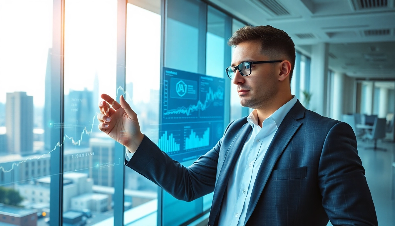 Financial analyst using an AI stock picker tool to analyze investment data.