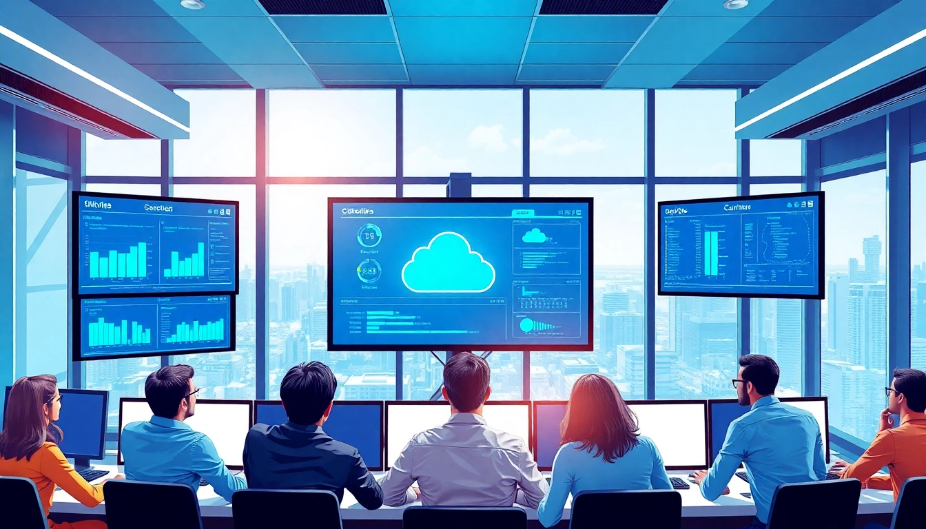 Showcase of cloud infrastructure and DevOps services with a team collaborating in a high-tech environment.