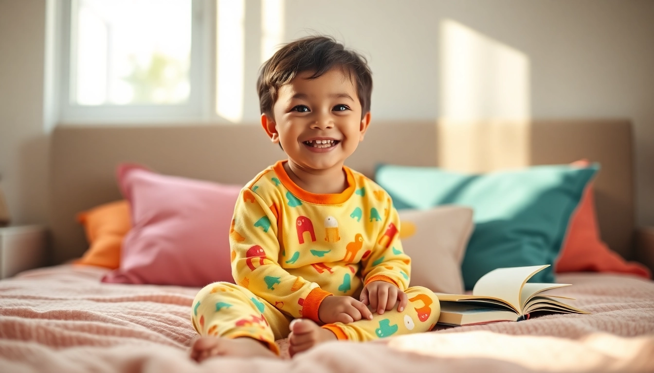 Little child enjoying playful time in soft Bamboo kids pajamas on a cozy bed.
