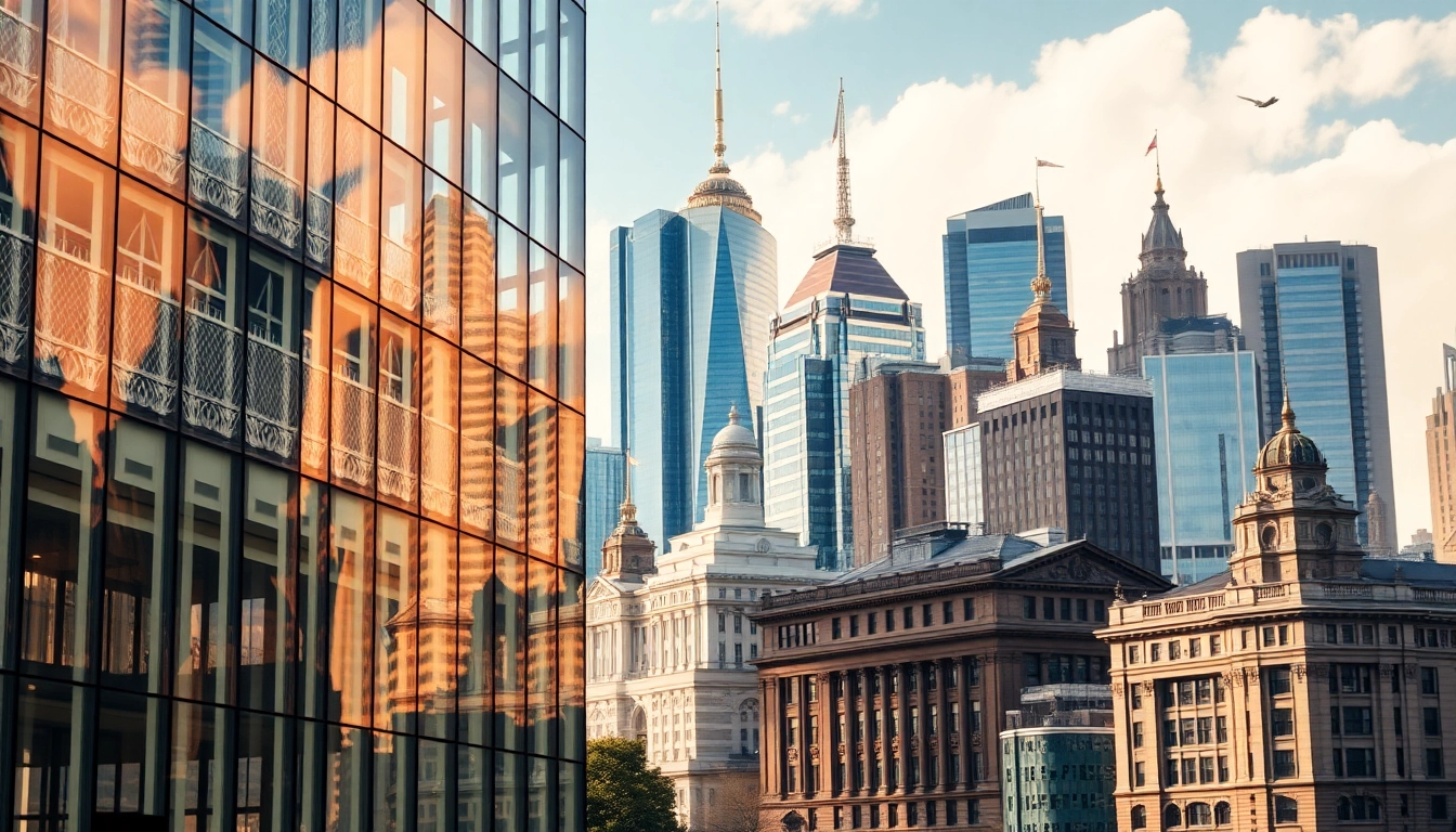 Showcasing international real estate companies amidst a vibrant urban landscape highlighting luxury properties.