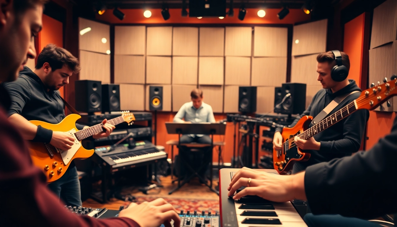 Engaging scene of music pitching with musicians collaborating in a vibrant studio.