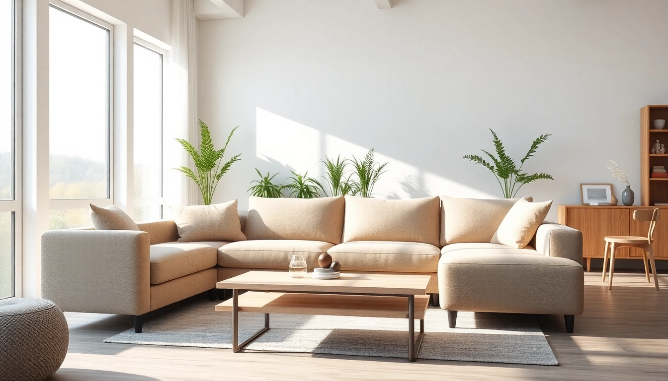 Genieße das stilvolle ecksofa mit schlaffunktion und seiner modernen, beigen Polsterung.