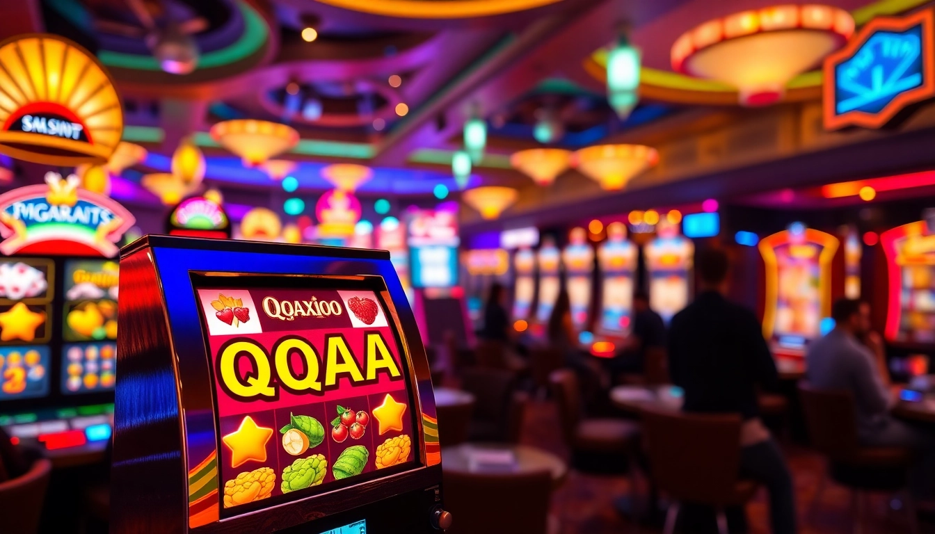 Jelajahi mesin slot QQAXIOO dengan simbol menarik dan suasana kasino yang ceria.