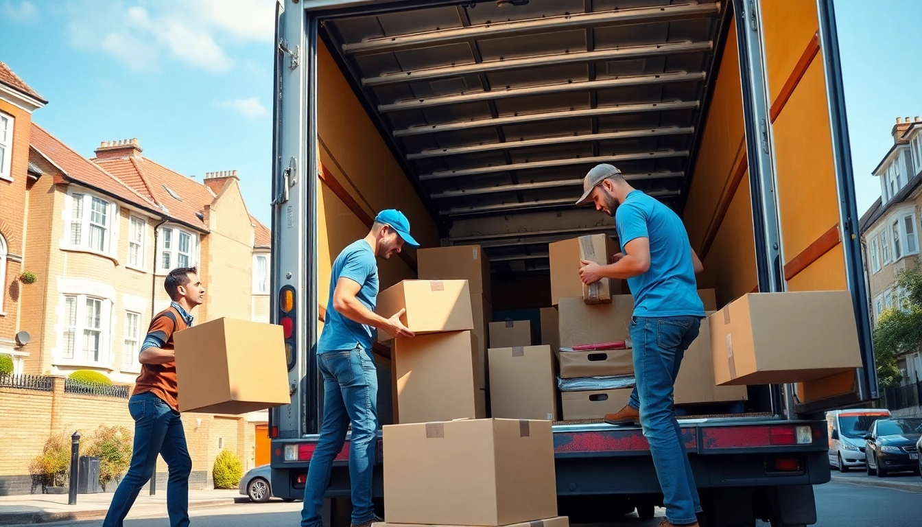 East London removals team efficiently packing for a residential move in a bright setting.