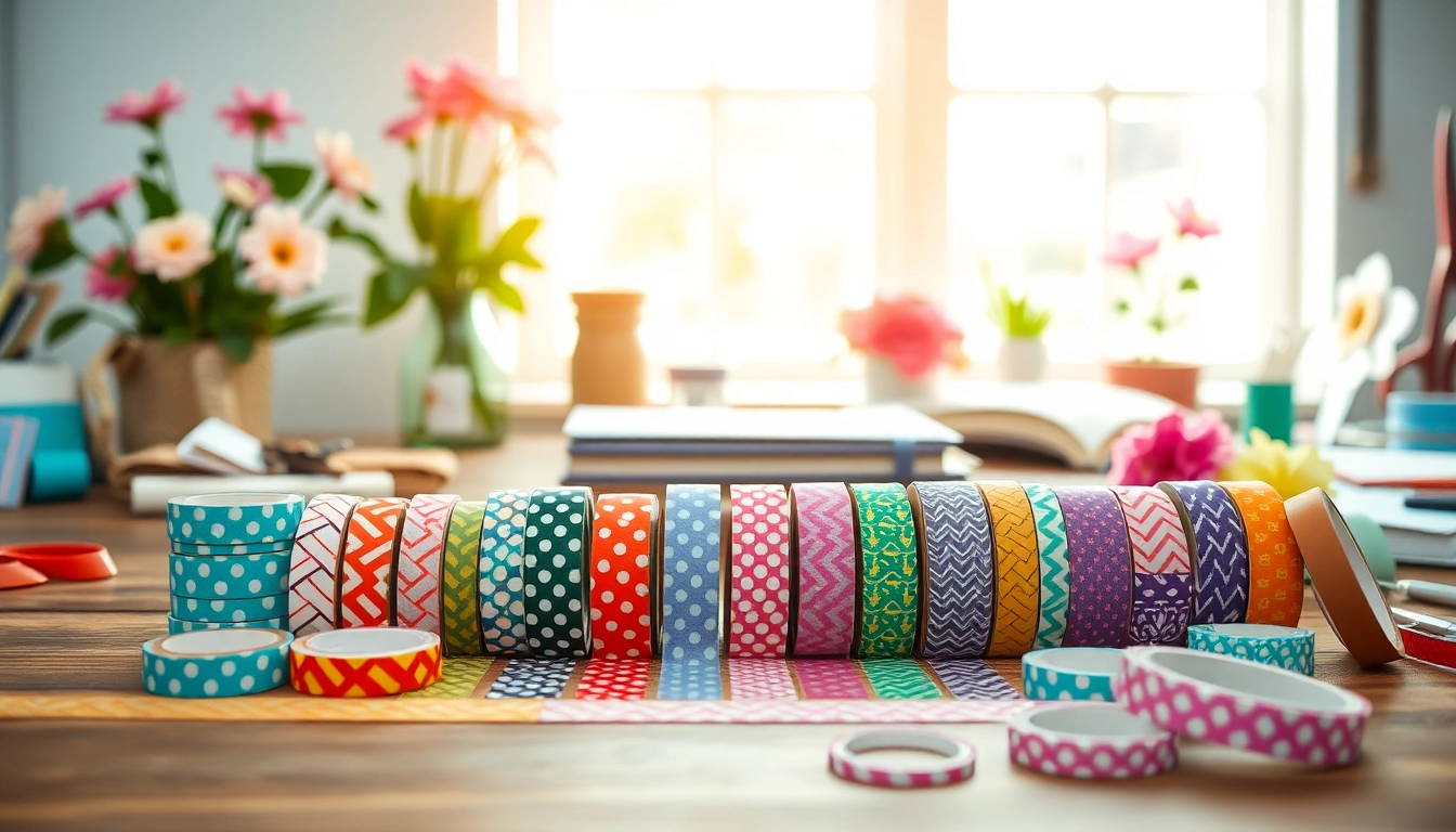 Organized washi tape rolls showcasing colorful designs in a bright creative workspace.
