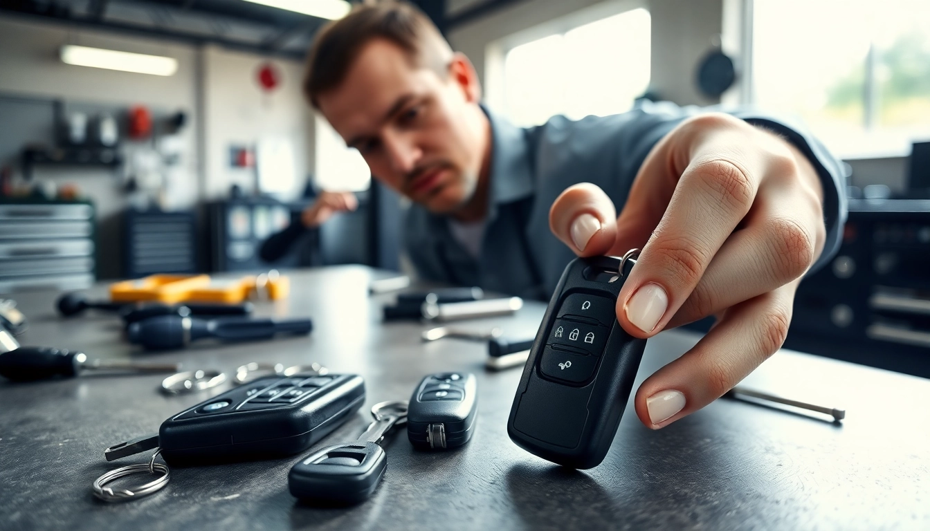 Help retrieve lost car keys with a locksmith examining various keys and tools in a professional setting.