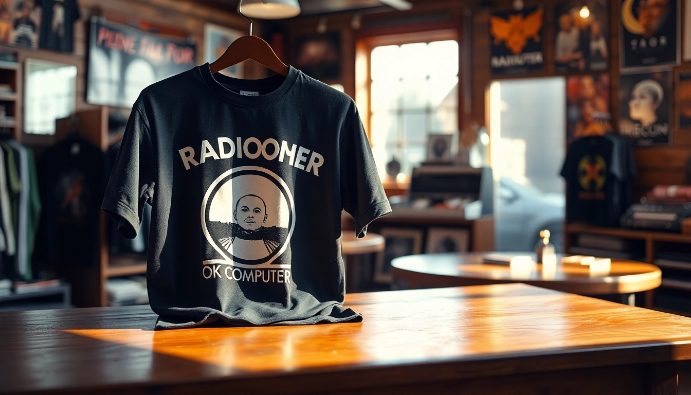 Showcase a stylish Radiohead shirt with unique album art features in a boutique setting.