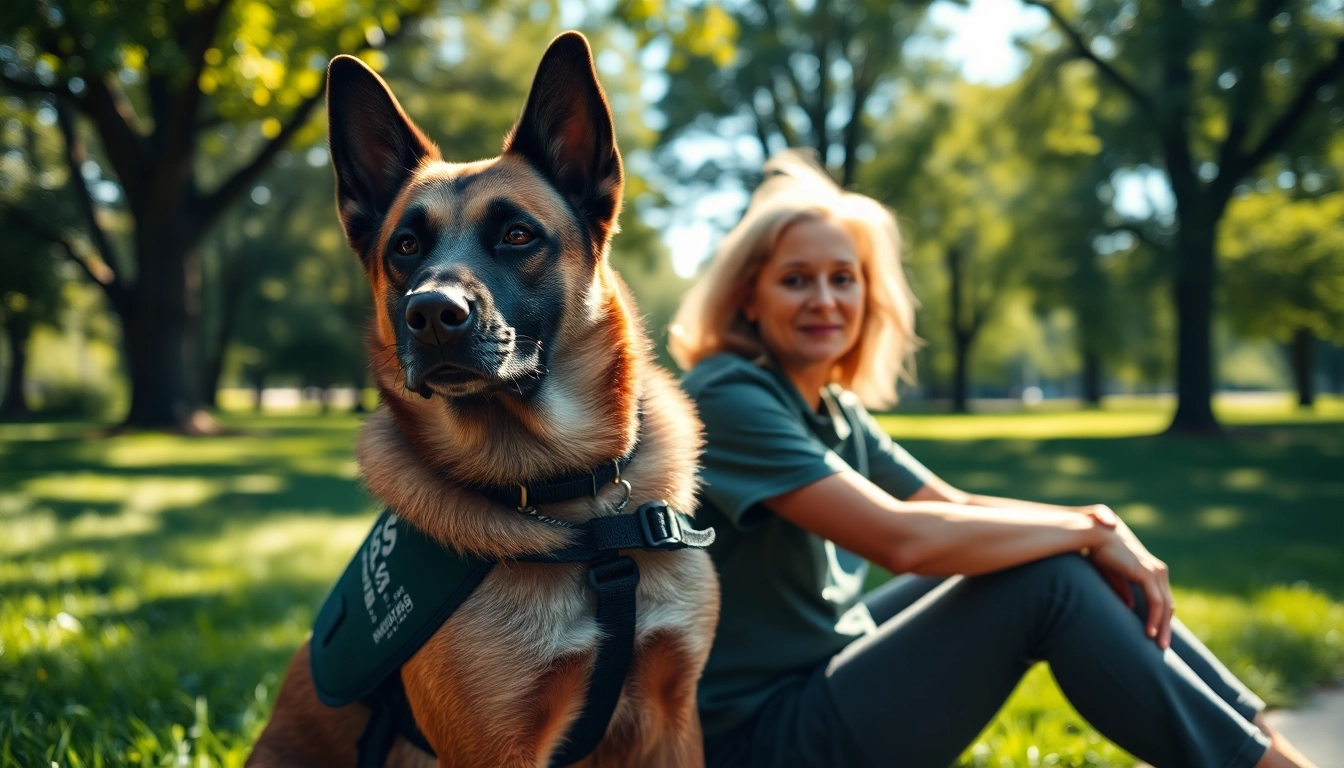 Compassionate PTSD service dog for sale sitting beside a relaxed individual in a serene park setting.