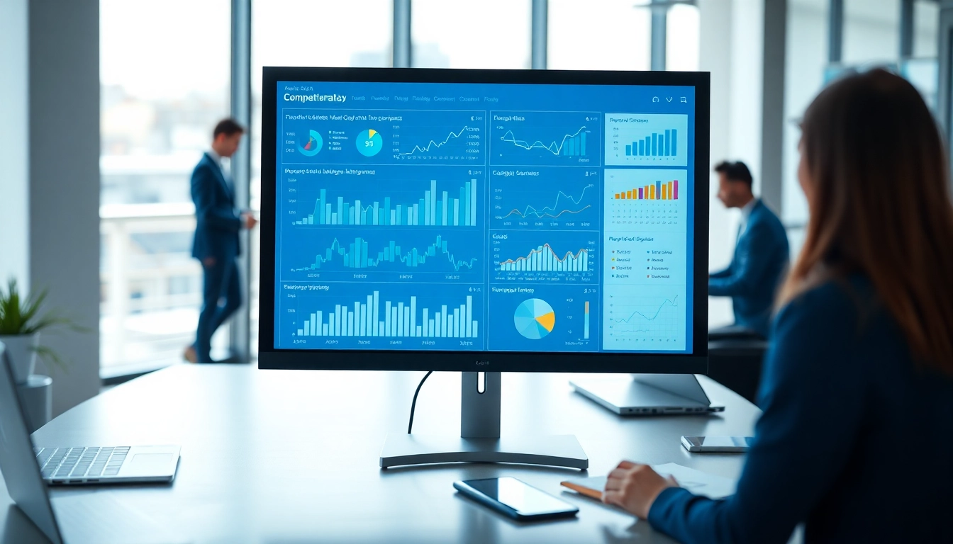 Utilize AI for competitor analysis with a digital dashboard visualizing insights and market trends.