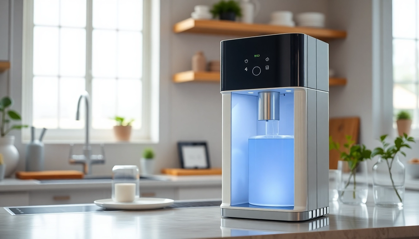 Home water purification system prominently displayed in a modern kitchen setting.