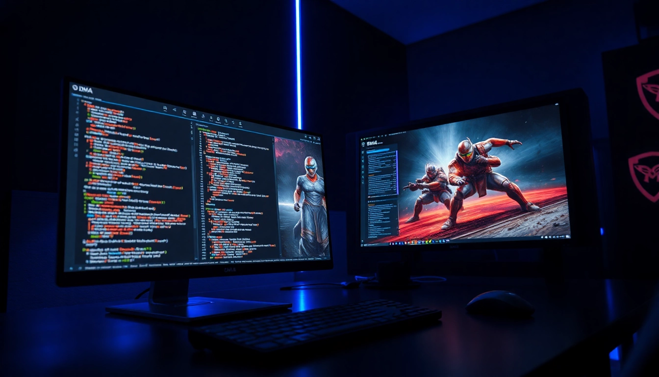 Learn about dma cheats with a high-tech gaming PC setup highlighting dual monitors.