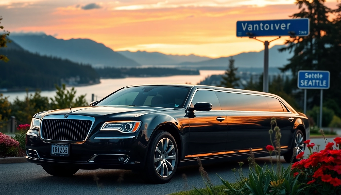 Reserve Vancouver to Seattle Car Service in a luxury limousine parked amidst scenic landscapes.
