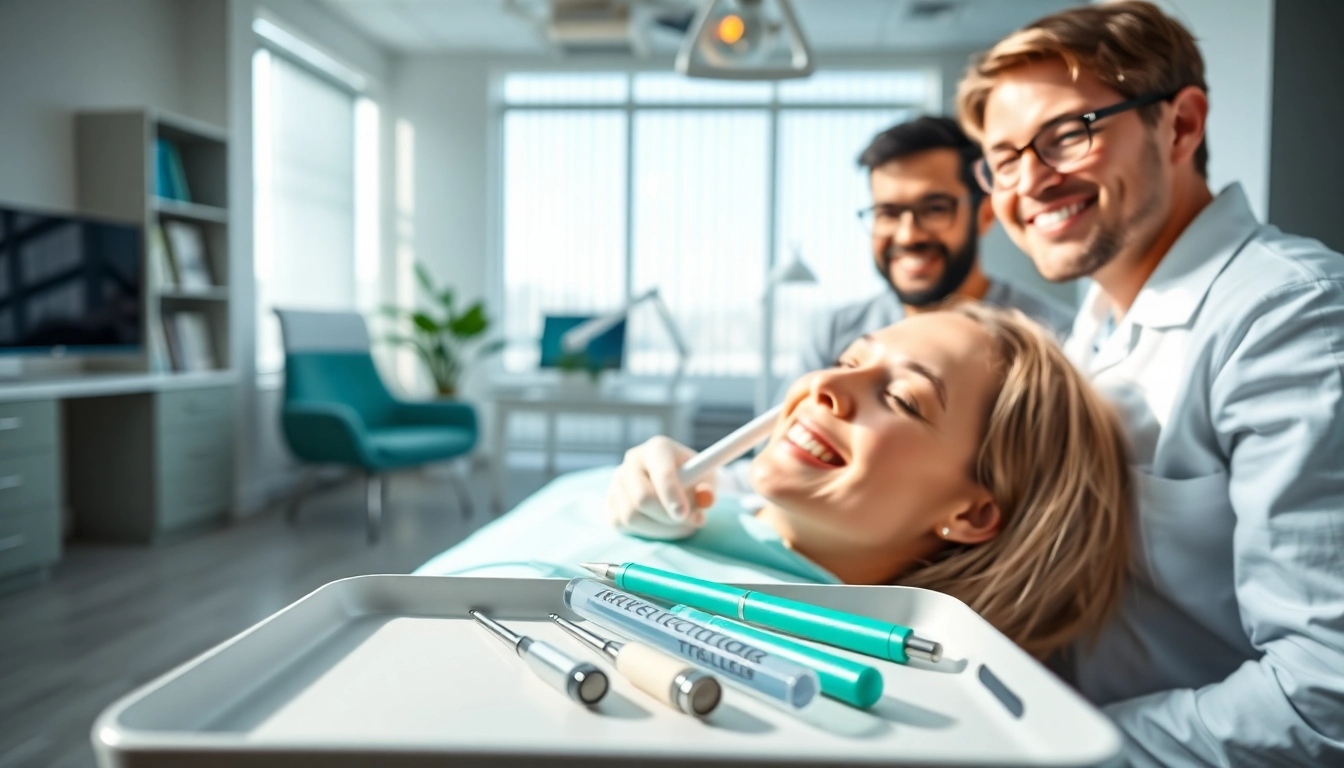 Dental marketing in action as a smiling patient interacts with a dentist in a modern clinic.