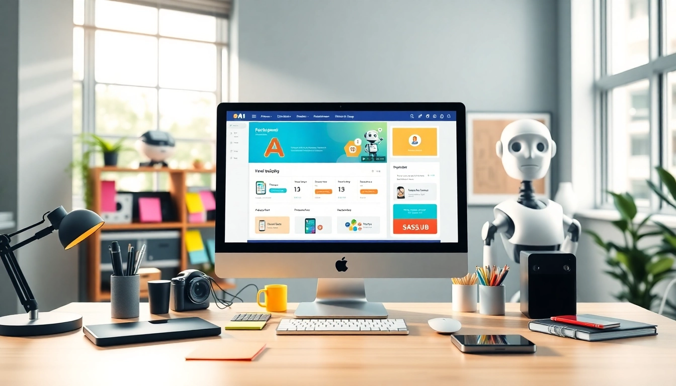 Engaging digital workspace illustrating FUNNEL BUILDING Ai with tech elements and vibrant workspace.